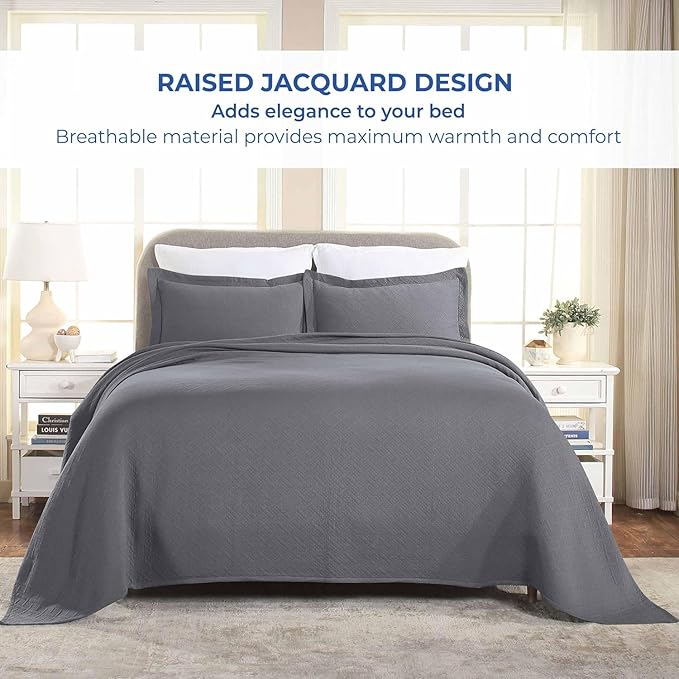 Superior 3 Piece Basketweave Cotton Bedspread Set, Home Bed Decor, Decorative Bed Spread, 2 Pillow Shams, Medium Weight Blanket, Matelasse Coverlet Bedding, Geometric Lattice Pattern, Queen, Grey