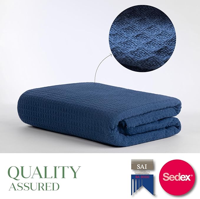 Salt Earth 100% Cotton Throw Blanket, Queen, 90"X92" Waffle Throws for Home, Bedrooms, Outdoor and Office Couch, Modern & Cozy Room Decor Blankets, Lightweight, All Season Western Blanket (Navy)