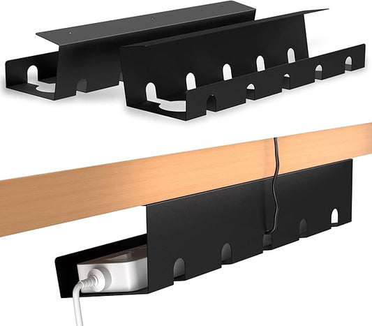 2 Pack 17" Under Desk Cable Management Tray, Metal Wire Management Standing Desk Cord Organizer Power Strip Holder with Cable Ties and Clips for Home Office, Black