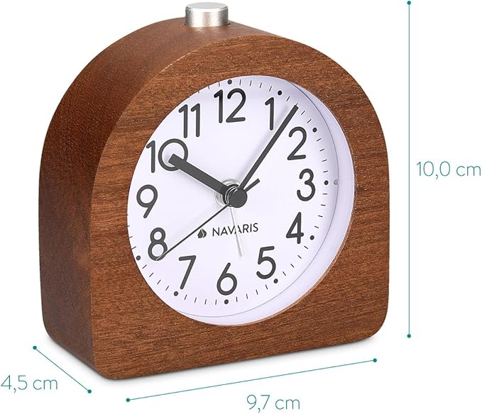 Navaris Wood Analog Alarm Clock - Half-Round Battery-Operated Non-Ticking Clock with Snooze Button and Light - Dark Brown