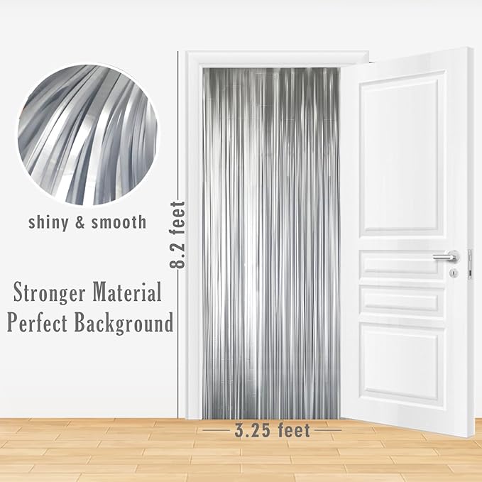 GOER 3.2 ft x 8.2 ft Metallic Tinsel Foil Fringe Curtains Party Photo Backdrop Party Streamers for Birthday,Graduation,New Year Eve Decorations Wedding Decor (3 Pcs,Matte Silver,Thick Material)