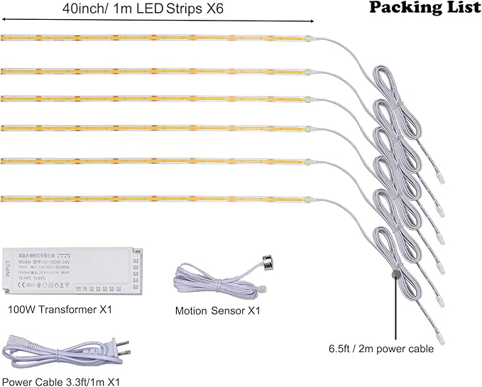 Under Cabinet Lighting,COB LED Motion Sensor Cabinet Light Indoor Closet Lights Kitchen,Stairs,Hallway,Pantry Light (Warm W hite 3000K, 6 * 40inch CO B LED Strips)