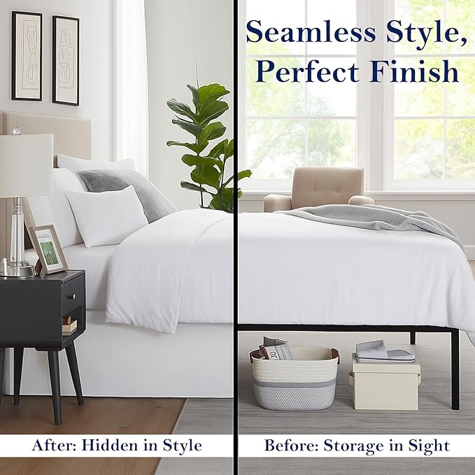 Queen Bed Skirt, Luxury 12 Inch Drop White Pleated Bed Skirt, Double Brushed Microfiber, Box Pleat Design, Wrinkle & Fade Resistant, Easy Fit Tailored Bedskirt for Queen Size Beds