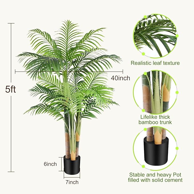 5ft Tall Triple Golden Cane Palm Artificial Tree Large Tropical Palm Tree UV Resistant Fake Plant in Pot for Indoor Outdoor Big House Living Room Outside Patio Office Home Decor 1Pack