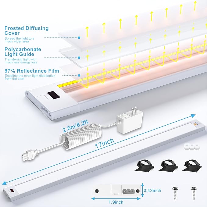 WOBANE 16.5 inch Under Cabinet Lighting,5 Color Settings,Under Counter Lights for Kitchen,Hand Wave Activated,Touchless for Cabinet,Shelf,Under Desk,Color Tunable 2700K to 6000K,Dimmable,White,1000LM