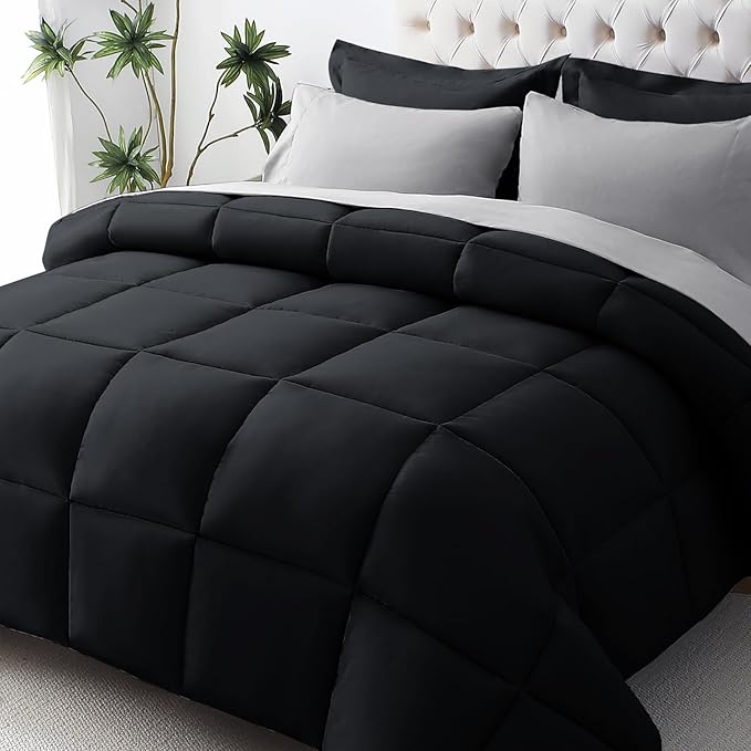 JOLLYVOGUE California King Comforter Set, Ultra-Soft Cal King Bed Comforter Set, 7-Piece Bed in a Bag, Goose Down Alternative, Oeko-TEX Certified, Sheets & Pillowcases, Black & Light Grey