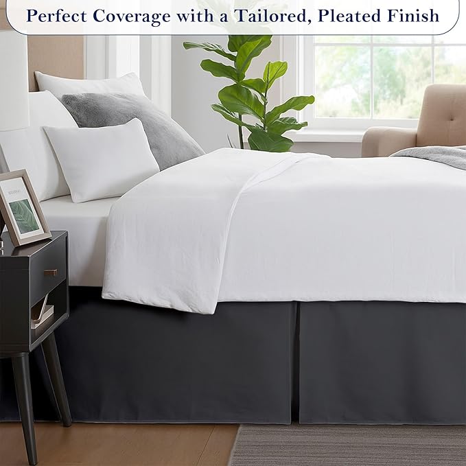 Queen Bed Skirt, Luxury 18 Inch Drop Dark Grey Pleated Bed Skirt, Double Brushed Microfiber, Box Pleat Design, Wrinkle & Fade Resistant, Easy Fit Tailored Bedskirt for Queen Size Beds