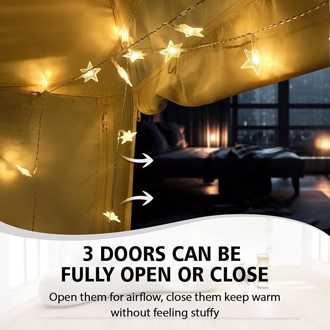 Bed Tent Bed Canopy Breathable 100% for Adult and Kids- Original Design Light Reduction 93% Sleeping Dream Tents Indoor Portable Big Space with String Light 3 Doors Twin Full Queen King Size