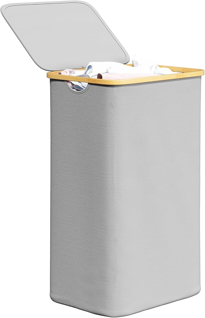SpaceAid Laundry Hamper with Lid, 110L Large Tall Clothes Basket Bin with Bamboo Handles, Collapsible Laundry Hamper for Bedroom, Bathroom, Dorm, Laundry Room - Light Grey