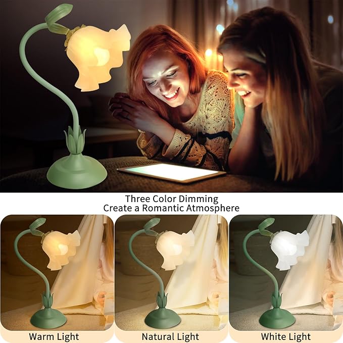 Cute Flower Desk Lamp, 3 Color Temperature Table Lamp with LED Bulb, Vintage Bedside Lamps, Reading Lamps with Soft Light for Bedroom, Living Room