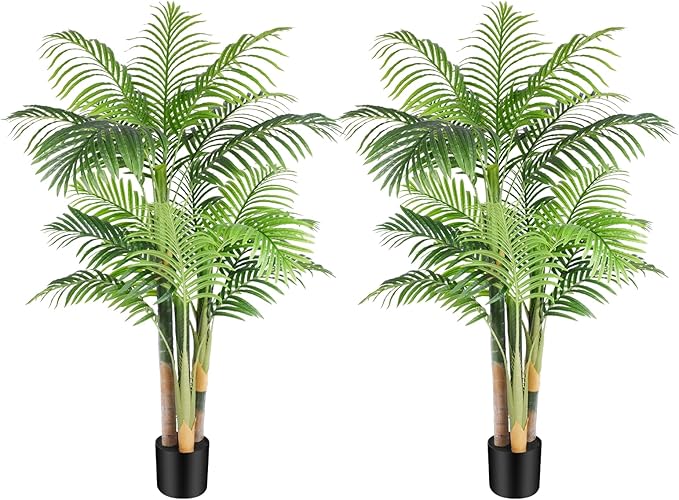 5ft Tall Triple Golden Cane Palm Artificial Tree Large Tropical Palm Tree UV Resistant Fake Plant in Pot for Indoor Outdoor Big House Living Room Outside Patio Office Home Decor 2Pack