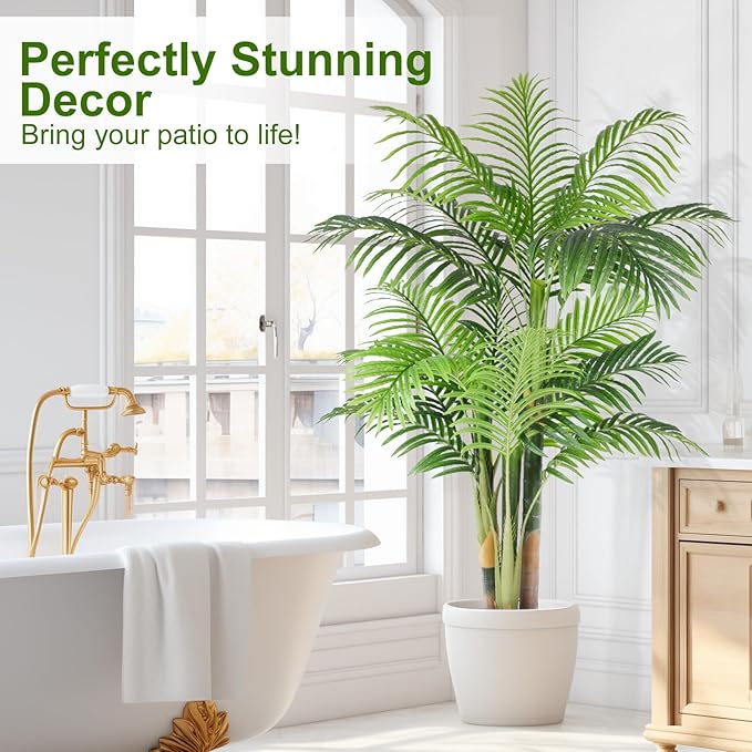 5ft Tall Triple Golden Cane Palm Artificial Tree Large Tropical Palm Tree UV Resistant Fake Plant in Pot for Indoor Outdoor Big House Living Room Outside Patio Office Home Decor 1Pack