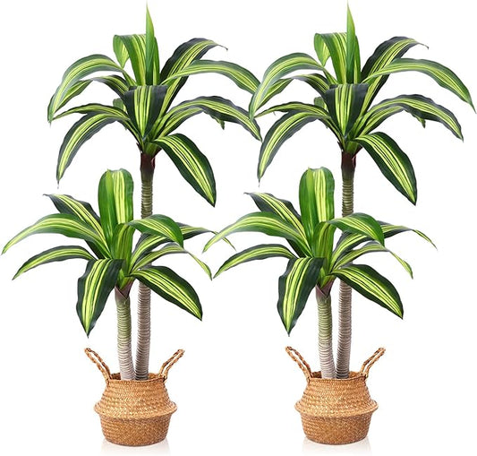 Artificial Plants, 4 Ft Dracaena Tree Faux Plants Indoor Outdoor Decor Fake Tree with Woven Seagrass Basket Plants for Home Decor Office Living Room Porch Patio Perfect Housewarming Gift