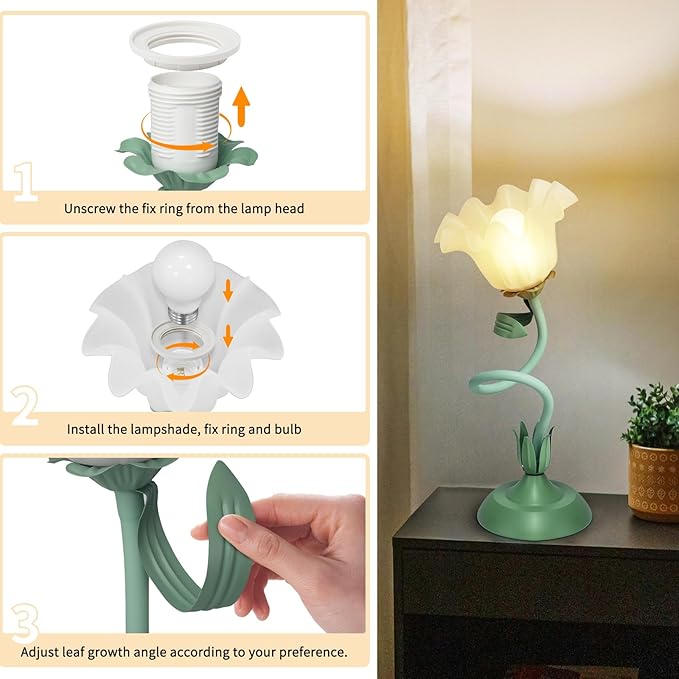 Cute Flower Desk Lamp, 3 Color Temperature Table Lamp with LED Bulb, Vintage Bedside Lamps, Reading Lamps with Soft Light for Bedroom, Living Room