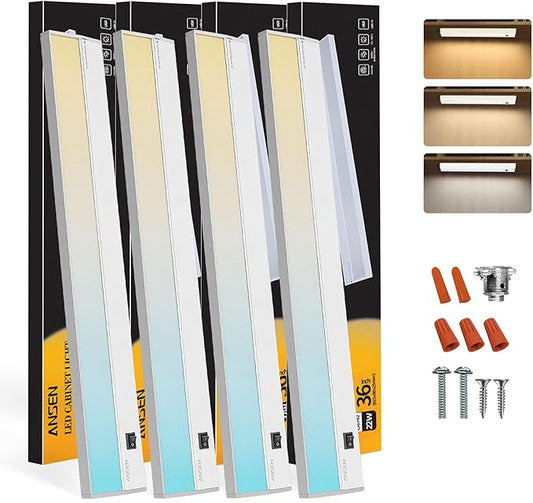 Ansen 4Packs of Under Cabinet Lighting Hardwired, 36IN 22W 1426LM, Dimmable Led Light for Kitchen/Bar/Closet, CRI>92, R9>90, 3 Color Temperature, 3000K/4000K/5000K(Warm White, Cool White, Daylight)