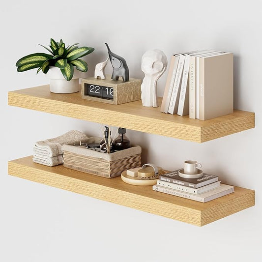 Heimlove 36 Inch Wall Shelf Bathroom Shelves Set of 2, 12" Deep Floating Shelves for Wall, Wall Mounted Shelves for Books Living Room Laundry Room Bedroom Kitchen Home Office, Oak