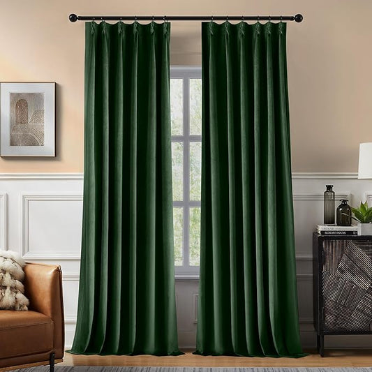 Pinch Pleated 100% Blackout Curtains for Bedroom, Olive Green Velvet Curtains for Living Room, Black Out Curtain 102 inch long Room Darkening, Blackout Pinch Pleat Drapes with Hooks 2 Panels
