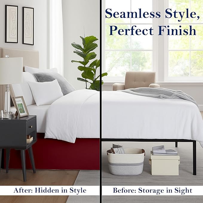 Queen Bed Skirt, Luxury 12 Inch Drop Burgundy Pleated Bed Skirt, Double Brushed Microfiber, Box Pleat Design, Wrinkle & Fade Resistant, Easy Fit Tailored Bedskirt for Queen Size Beds