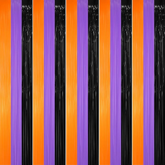 GOER 3.2 ft x 8.2 ft Metallic Tinsel Foil Fringe Party Backdrop for Halloween Birthday Graduation New Year's Party Decorations(5 Packs,Black&Orange&Purple)