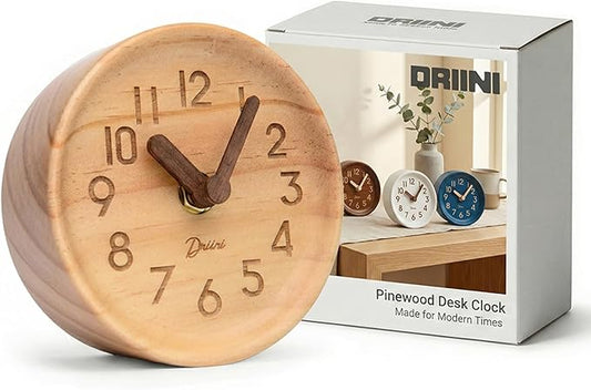 Driini Wooden Analog Desktop Clock – 4.3 in. Decorative Pinewood, No-Tick Design – Easy to Read Silent Sweep Mantle Clock – Quiet Tabletop Clocks with Wood Body, Hands, & Battery Cover; Light