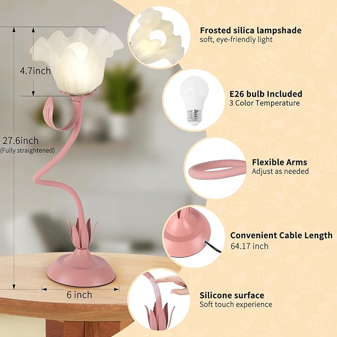 Cute Flower Desk Lamp, 3 Color Temperature Table Lamps with LED Bulb, Vintage Bedside Lamp, Reading Lamps with Soft Light for Bedroom, Living Room（Pink）