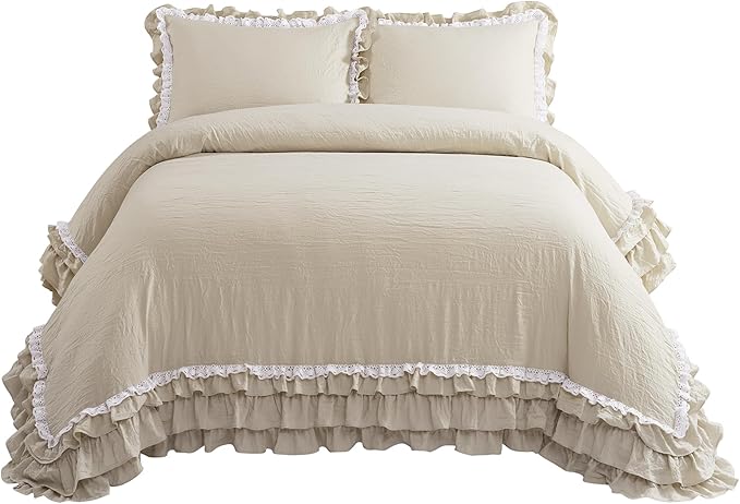 Lush Decor Ella Ruffle Lace Comforter, 3 Piece Set, King, Neutral - Cute Comforter - King Bedding Set - Beige Bedding - Coquette Decor - Beige Lace Trim - Ruffle Trim