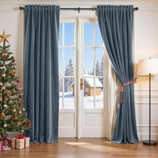 Lazzzy Velvet Blackout Curtains Thermal Insulated Room Window Drapes Super Soft Luxury Curtains for Living Room Bedroom Rod Pocket 2 Panels, Dark Slate, 62" W x 120" L