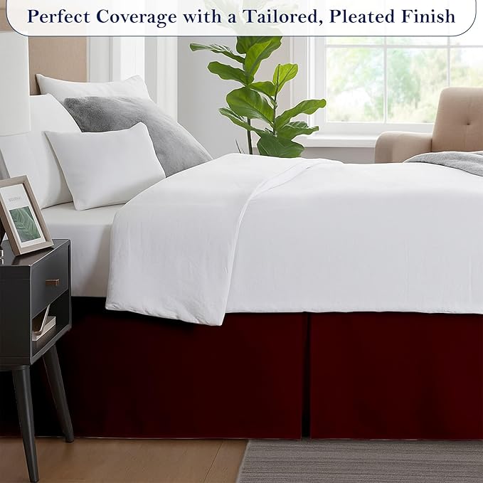 Twin Bed Skirt, Luxury 16 Inch Drop Burgundy Pleated Bed Skirt, Double Brushed Microfiber, Box Pleat Design, Wrinkle & Fade Resistant, Easy Fit Tailored Bedskirt for Twin Size Beds