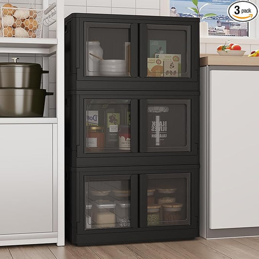 FLEXIMOUNTS 228 QT Stackable Storage Bins With Lids, Collapsible Plastic Storage Bins With Doors and Built-in Wheels For Home Dorm Closet Organizers and Storage, 3 Pack Cubes, Black