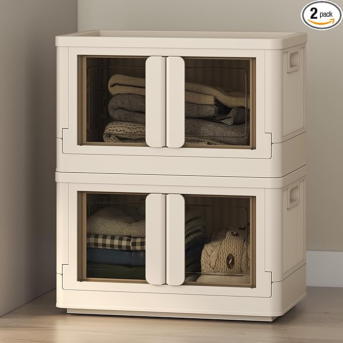 FLEXIMOUNTS 75 QT Stackable Storage Bins With Lids, Collapsible Plastic Storage Bins, Closet Organizers and Storage Containers with Doors and Built-in Wheels For Home, 2 Pack Cubes, Milky White