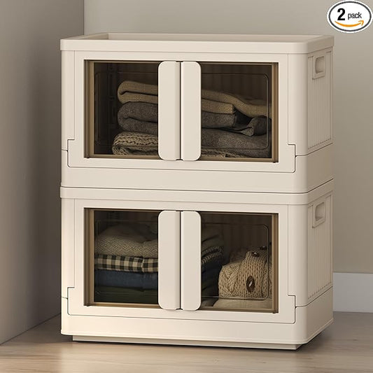 FLEXIMOUNTS 75 QT Stackable Storage Bins With Lids, Collapsible Plastic Storage Bins, Closet Organizers and Storage Containers with Doors and Built-in Wheels For Home, 2 Pack Cubes, Milky White