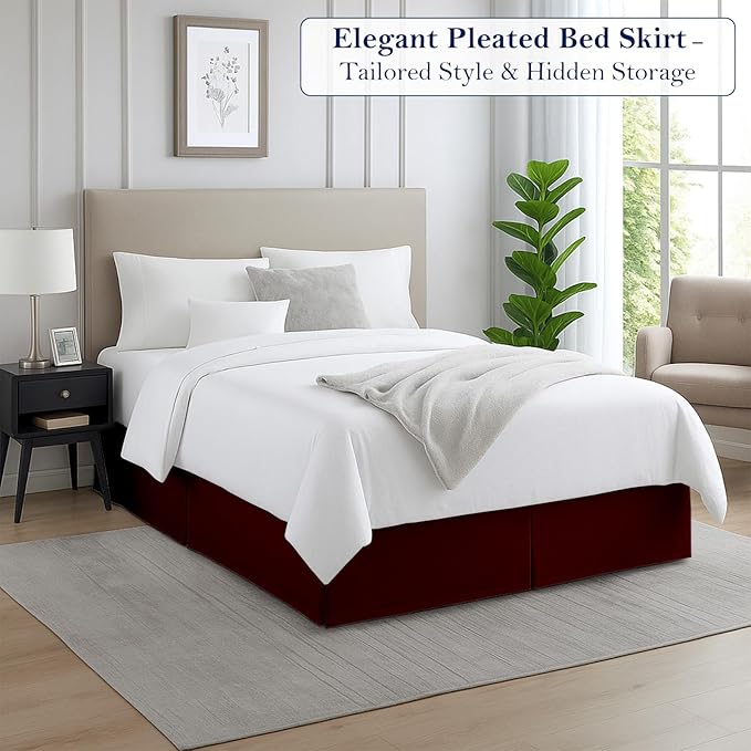 Twin Bed Skirt, Luxury 16 Inch Drop Burgundy Pleated Bed Skirt, Double Brushed Microfiber, Box Pleat Design, Wrinkle & Fade Resistant, Easy Fit Tailored Bedskirt for Twin Size Beds