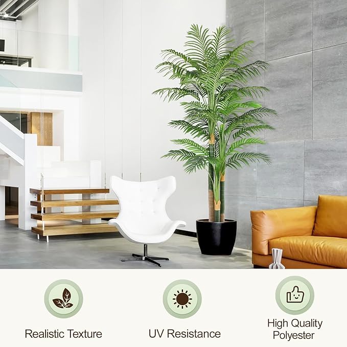 7ft Tall Triple Golden Cane Palm Artificial Tree Large Tropical Palm Tree UV Resistant Fake Plant in Pot for Indoor Outdoor Big House Living Room Outside Patio Office Home Decor 1Pack