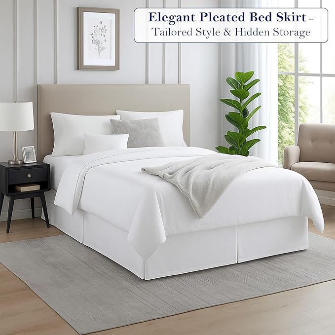 Queen Bed Skirt, Luxury 12 Inch Drop White Pleated Bed Skirt, Double Brushed Microfiber, Box Pleat Design, Wrinkle & Fade Resistant, Easy Fit Tailored Bedskirt for Queen Size Beds