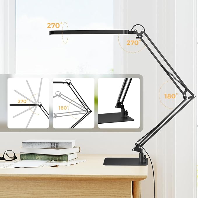 SKYLEO LED Desk Lamp with Slim Base - Adjustable Swing Arm Desk Light, Dimmable, Timer, Eye Protection, Memory Function, 1300LM, 12W, Black