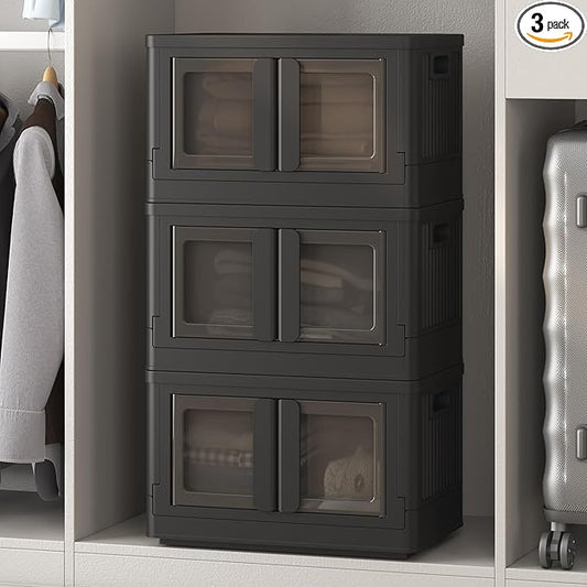 FLEXIMOUNTS 110 QT Stackable Storage Bins With Lids, Collapsible Plastic Storage Bins With Doors and Built-in Wheels For Home Dorm Closet Organizers and Storage, 3 Pack Cubes, Black