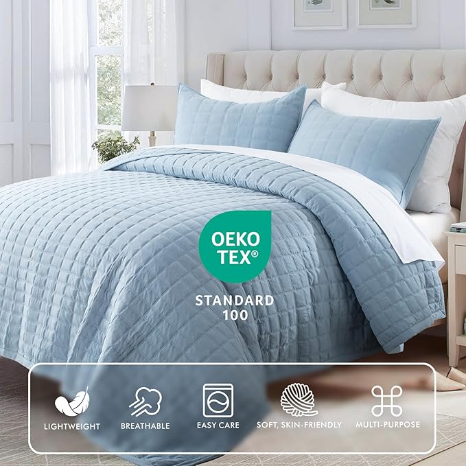 Kasentex KXW1801-GB Quilt-Bedding-Coverlet-Blanket-Set, Machine Washable, Ultra Soft, Lightweight, Stone-Washed, Detailed Stitching-Solid Color, Full/Queen + 2 Shams, Grey Blue