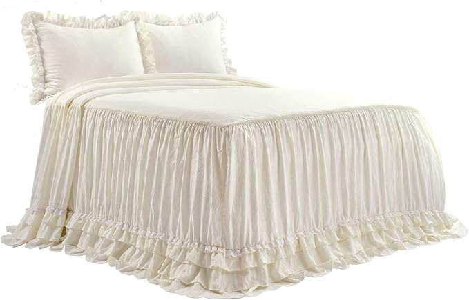 Lush Decor Ella Ruffle Lace Bedspread, 3 Piece Set, Queen, Ivory - Cute Bed Set - Queen Bedding - White Bedding - Coquette Decor - Neutral Ruffle Trim - White Lace Trim