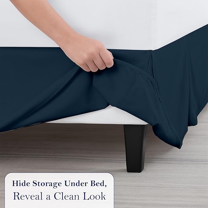 Queen Bed Skirt, Luxury 14 Inch Drop Navy Blue Pleated Bed Skirt, Double Brushed Microfiber, Box Pleat Design, Wrinkle & Fade Resistant, Easy Fit Tailored Bedskirt for Queen Size Beds