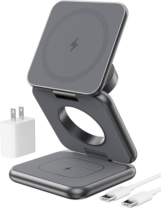 Foldable Magnetic Wireless Charger, KU XIU X40 Aluminum Alloy 3 in 1 Charging Station for Apple, Fast Magnetic Charger Stand for iPhone 17 16 15 14 13 12 Series, 5W for iWatch, AirPods 3/2/Pro, Gray