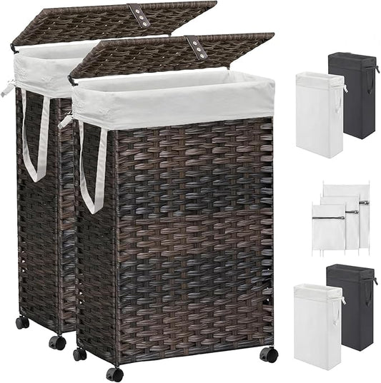 70L Slim Laundry Hamper with Lid & Wheels, 2-Park Rolling Laundry Basket with 4 Removable Liner Bags & 3 Mesh Bags, Narrow Dirty Clothes Basket, Foldable Handwoven Rattan Laundry Sorter, Brown
