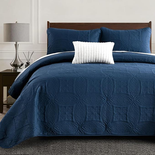 Yiran Navy Blue Quilt Set King Size Lightweight Bedspread Embossed Pattern Soft Microfiber Coverlet for All Season with 2 Pillow Shams (106"x96")