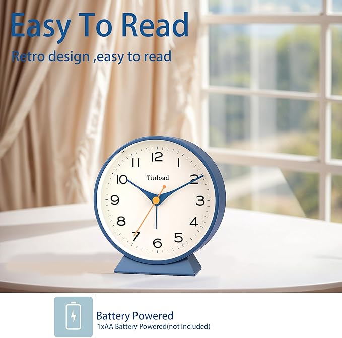 4.5" Battery Operated Retro Analog Alarm Clock, Small Silent Bedside Desk Clock,Lighted on Demand, Battery Operated, Snooze, for Living Room, Bedroom, Bedside, Desk(Blue)