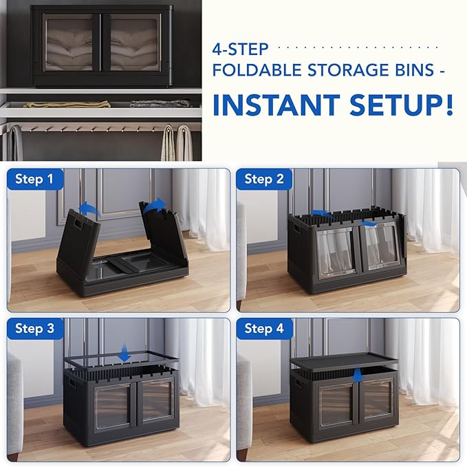 FLEXIMOUNTS 150 QT Stackable Storage Bins With Lids, Collapsible Plastic Storage Bins, Closet Organizers and Storage Containers with Doors and Built-in Wheels For Home, 4 Pack Cubes, Black