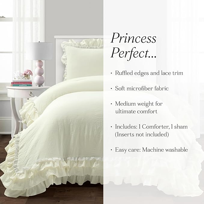 Lush Decor Ella Ruffle Lace Comforter, 2 Piece Set, Twin, Ivory - Cute Comforter - Twin Bedding Set - White Bedding - Coquette Decor - White Lace Trim - Ruffle Trim