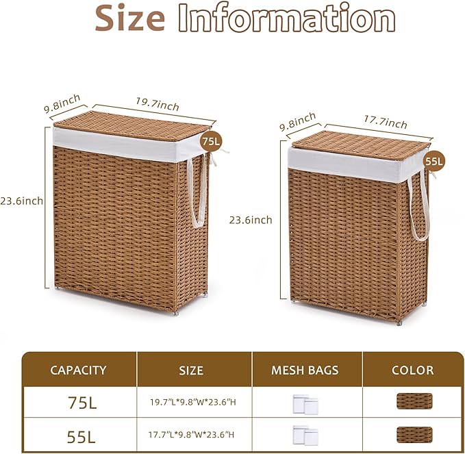 Slim Wicker Laundry Hamper with Lid, 75L Handwoven Rattan Basket with Handles, Narrow Laundry Basket with Removable Liner Bag & 2 Mesh Bags