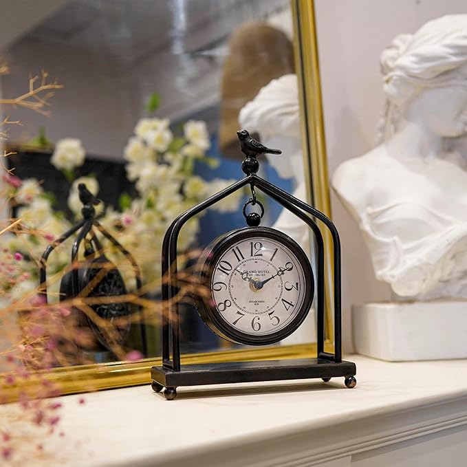 SOFFEE DESIGN 7.5'' x 10'' Mantel Clock Iron Tower Frame, Creative Bird Ornament Tabletop Clock, Silent Clock with Hollow Carved Back Cover for Home Decor, Black