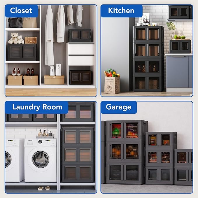 FLEXIMOUNTS 228 QT Stackable Storage Bins With Lids, Collapsible Plastic Storage Bins With Doors and Built-in Wheels For Home Dorm Closet Organizers and Storage, 3 Pack Cubes, Black