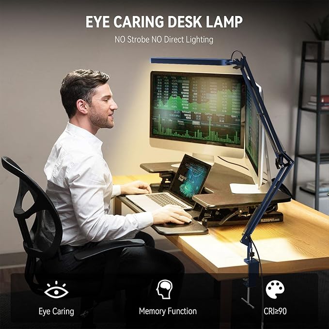 SKYLEO Desk Lamp - LED Desk Light - 5 Color Modes X 11 Brightness Levels - Adjustable Swing Arm - Timmer & Memory Function - 12W Lamp for Desk - Blue