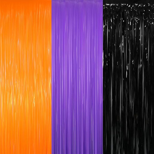 GOER 3.2 ft x 8.2 ft Metallic Tinsel Foil Fringe Curtains for Halloween Birthday Graduation New Year's Party Decorations(1 Pack,Black&Orange&Purple)